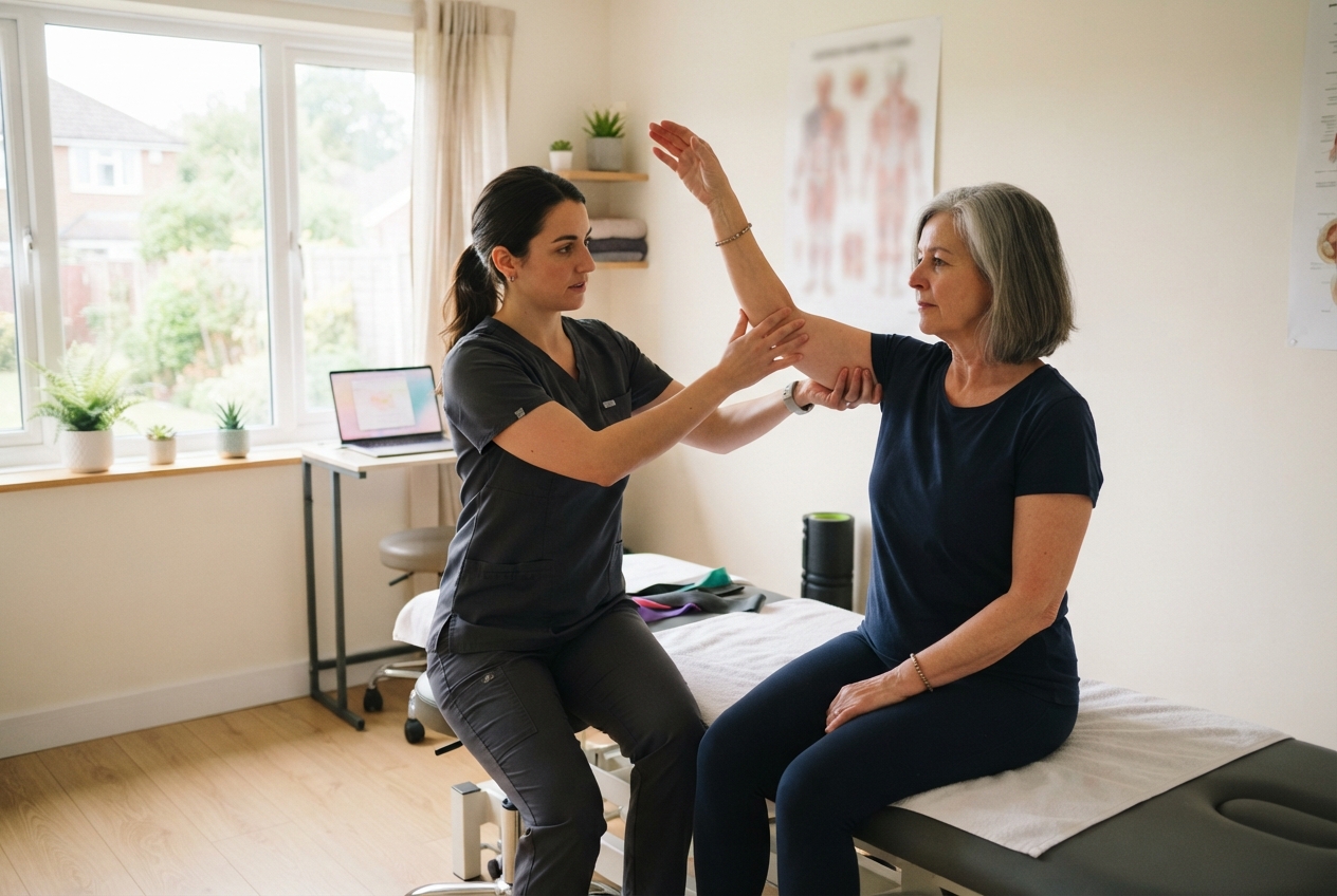 Physiotherapist guides an older woman’s raised arm during an examination in a bright clinic room.