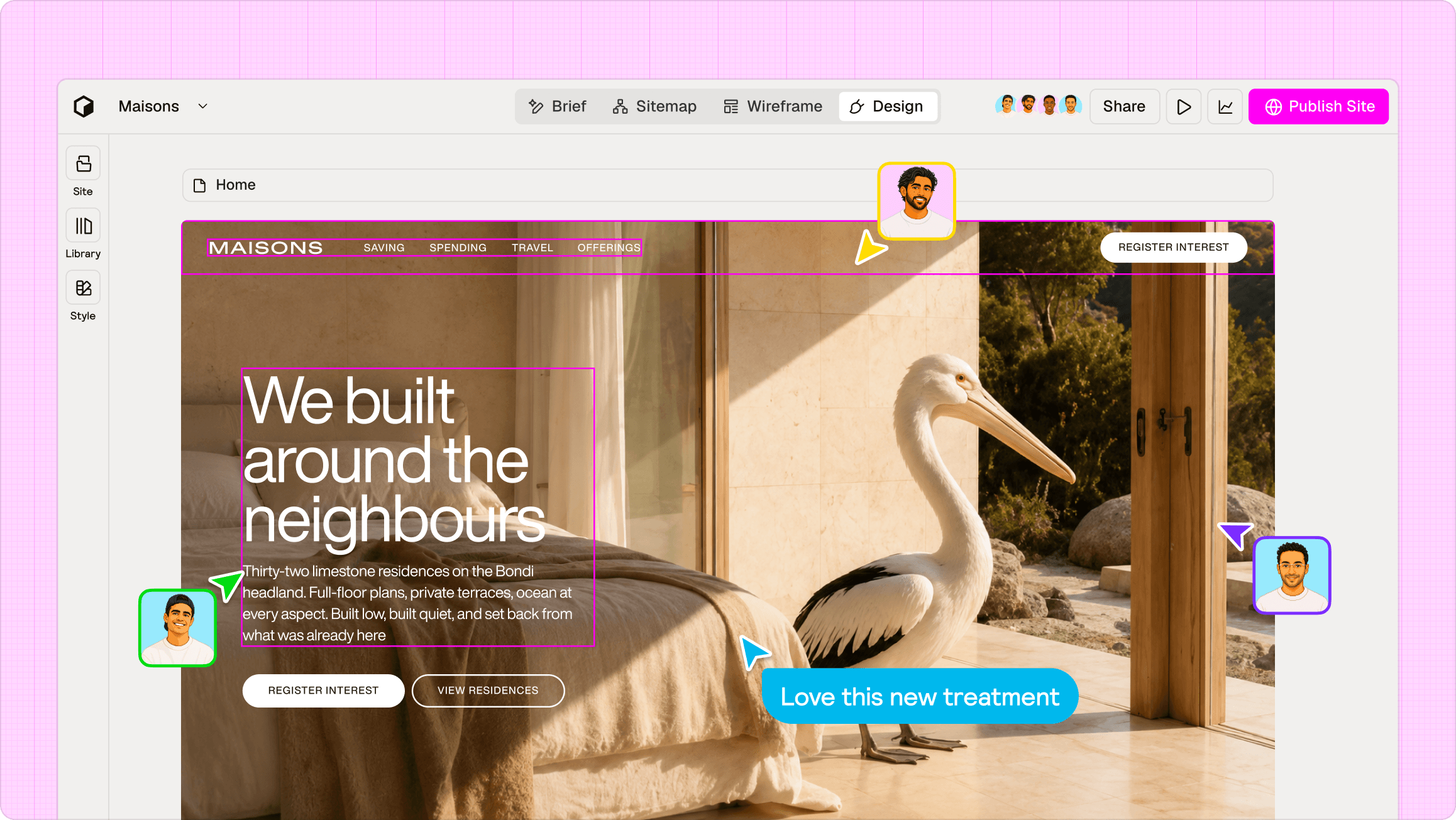 Website design editor showing a pelican-themed Maisons homepage with hero text and collaborator comments.